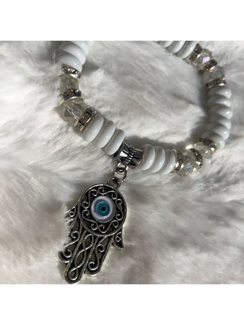 White Beaded Hamsa and Evil Eye Bracelet